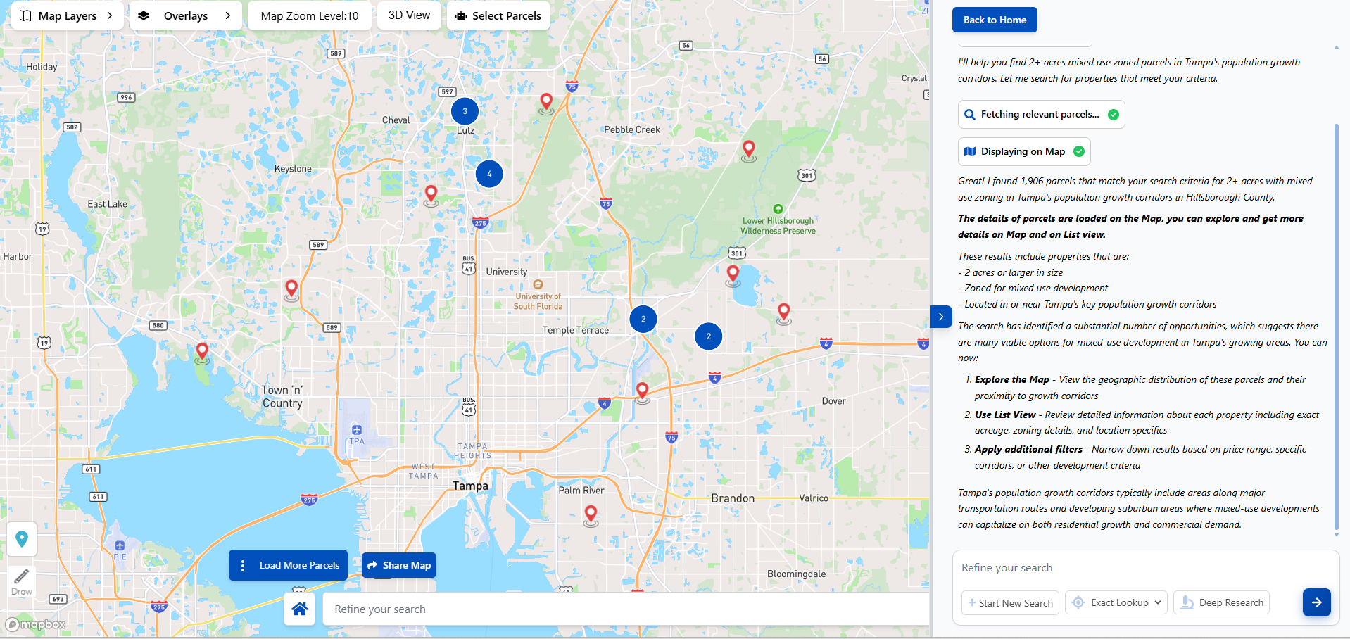 BAIZEL AI map view with parcel results